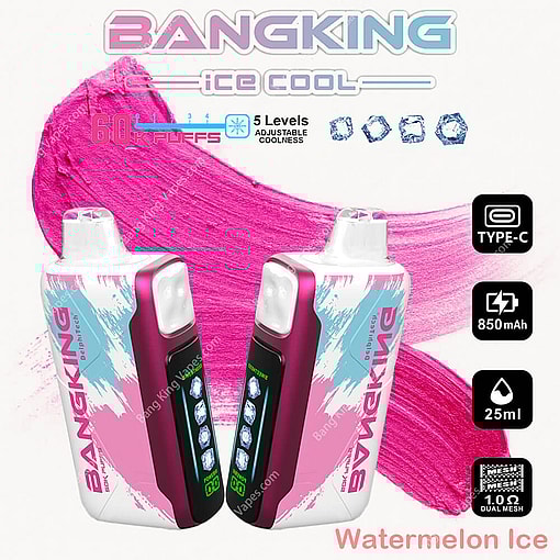 Product Advertisement Featuring Two Bangking Ice Cool Disposable Vape Devices In A Pink And White Design With A Watermelon Ice Flavor Theme.