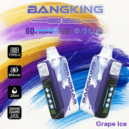 Bangking Ice Cool Vaping Device In Grape Ice Flavor, Featuring A Sleek Design, Purple And White Accents, Adjustable Coolness Levels, 850Mah Battery, And 25Ml Capacity.