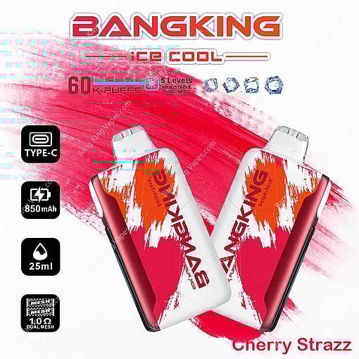 Promotional Image Featuring Two Red And White Bangking Vaping Devices With Text Showcasing Features Like 850Mah Battery, 25Ml Capacity, Adjustable Coolness, And Type-C Compatibility, Labeled 'Cherry Strazz'.