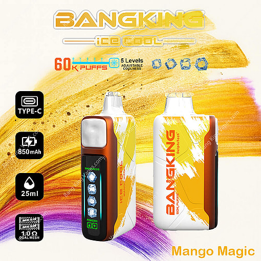 Promotional Image For The Bang King Ice Cool Vape In Mango Magic Flavor, Featuring Two Devices Showcasing Its Colorful Design, Specifications Like 60K Puffs, 850Mah Battery, And Type-C Charging Compatibility, Set Against A Vibrant Orange And Purple Background.