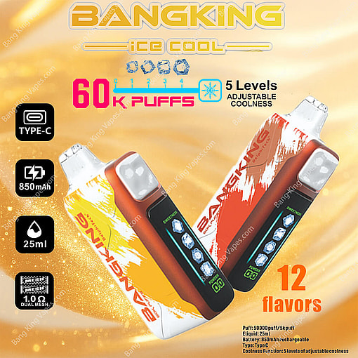 Marketing Image Showcasing Bang King Ice Cool 60000 Vape Devices, Highlighting Features Such As 60,000 Puffs, 850Mah Rechargeable Battery, Adjustable Coolness Levels, And 12 Flavor Options.
