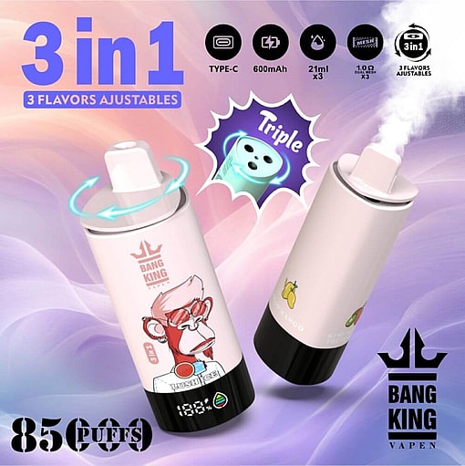 Illustration Showcasing A 'Bang King' Vape Device With A 3-In-1 Adjustable Flavor Feature, Highlighting Specifications Like 600Mah Battery, Usb Type-C Charging, And 85,000 Puffs Capability, Set Against A Colorful Gradient Background.