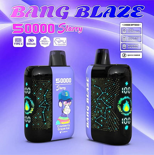 Promotional Image Of The Bang Blaze 50000 Starry Vape Device, Showcasing Its Features Like A Childproof Mode, Quick Charge, And Dual-Mesh Technology, With Branding And A Vibrant Graphic Design In Purple And Black.