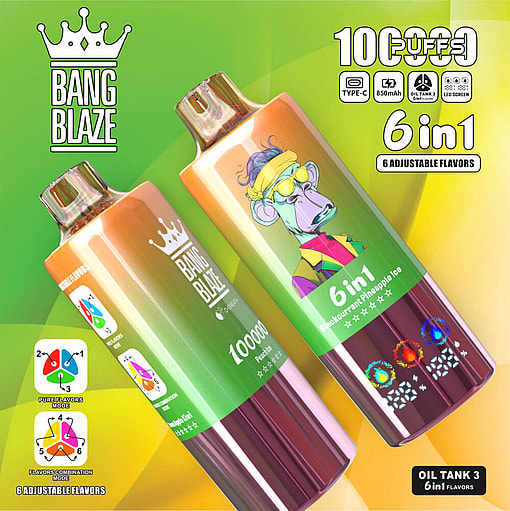 Promotional Image Featuring Two Bang Blaze Vaping Devices Highlighting Features Such As 100,000 Puffs, 6-In-1 Adjustable Flavors, And An Oil Tank With Led Screen; One Device Displays A Monkey Illustration With A Colorful Headband And Sunglasses.