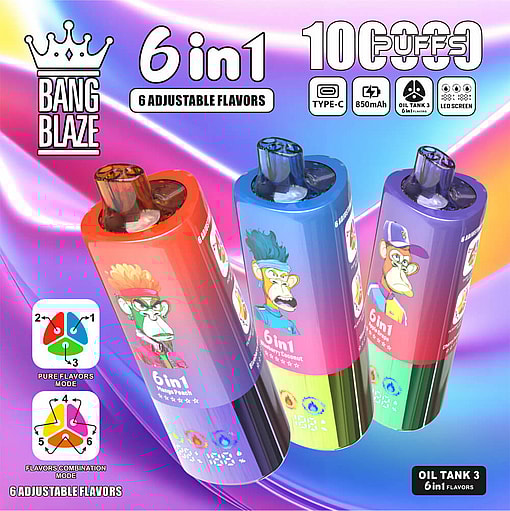 Three Colorful Vape Devices Labeled &Quot;Bang Blaze 6 In 1&Quot; Featuring Cartoon Monkey Graphics, Adjustable Flavors, And 10,000 Puffs; Includes Usb Type-C Charging, A Led Screen, And A 850Mah Battery.