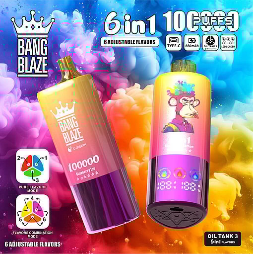 Promotional Image For Bang Blaze Vape Devices, Featuring Two Colorful Vape Pens With 6 Adjustable Flavors, A Display Of 100,000 Puffs, Type-C Charging, 850Mah Battery, And An Led Screen; Vibrant Background With Swirling Colors And A Cartoon Character On One Device.