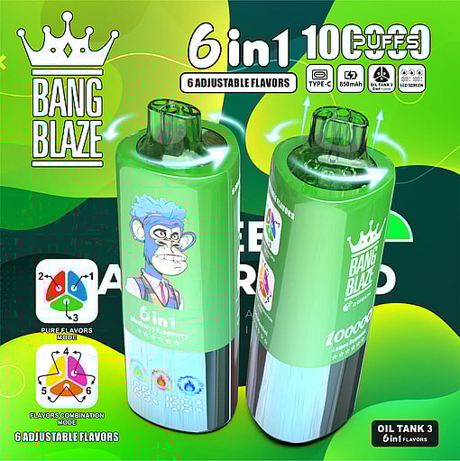 Colorful Advertisement For Bang Blaze Highlighting Its 6-In-1 Adjustable Flavors And 10,000 Puffs Capacity, Featuring Vibrant E-Cigarette Designs With A Cartoon Monkey Illustration And Various Flavor Modes Illustrated At The Bottom.