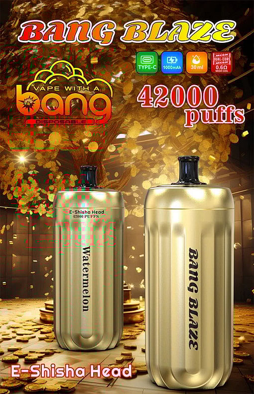 Promotional Image For Bang Blaze E-Shisha Head Featuring Two Gold-Colored Devices Labeled 'Watermelon' And 'Bang Blaze,' Showcasing 42,000 Puffs, Type-C Charging, 1000Mah Battery, And 30Ml Capacity Against A Golden Backdrop.