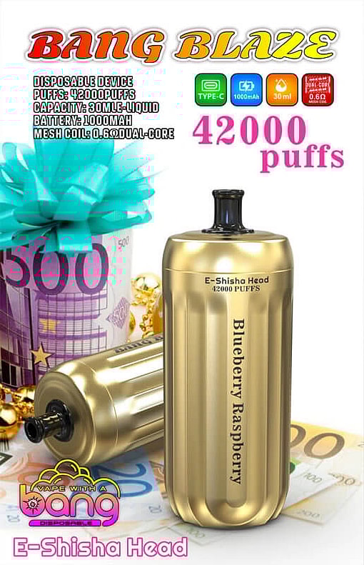 Promotional Image Of The Bang Blaze Disposable E-Shisha Head In A Gold Design With Blueberry Raspberry Flavor, Depicted Alongside Colorful Currency And A Gift Box With A Bow, Highlighting Features Such As 42,000 Puffs, 1000Mah Battery, And 30Ml Liquid Capacity.