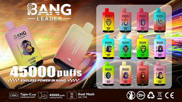 Promotional Image For Bang Leader Vaping Devices With 45,000 Puffs, Featuring Colorful Designs And Various Flavors, Positioned Against A Dynamic Background With Product Specifications Listed Below.