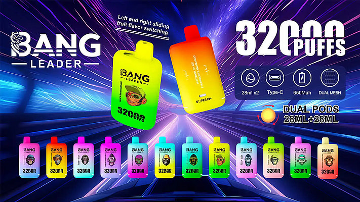 An Advertisement For Bang Leader Vaping Products Displaying Colorful Devices With Features Such As Dual 28Ml Pods, 32,000 Puffs, Type-C Charging, And 650Mah Battery Capacity.