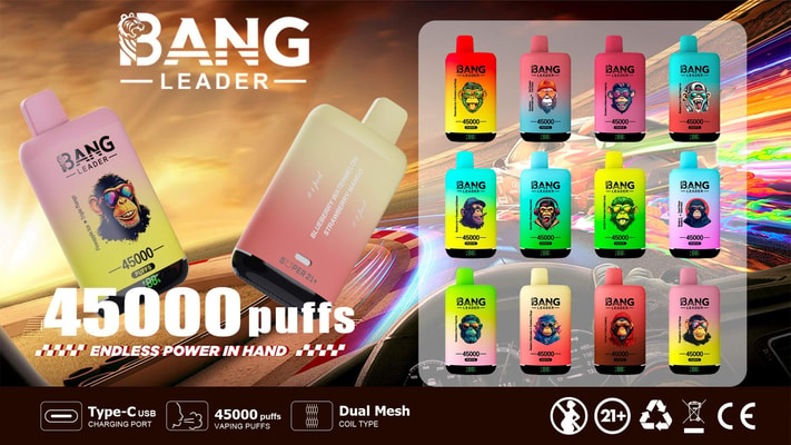 Immagine promozionale per i dispositivi di svapo Bang Leader da 45.000 tiri, caratterizzati da design colorati e vari aromi, posizionati su uno sfondo dinamico con le specifiche del prodotto elencate di seguito.