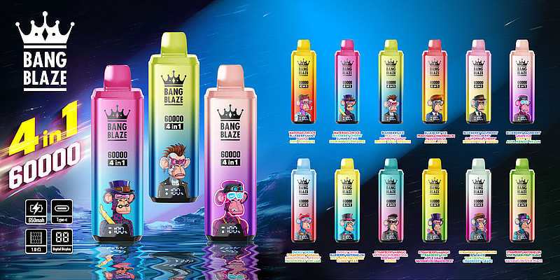 Promotional image showcasing BANG BLAZE 60000 4-in-1 vape devices in multiple colors and flavors, featuring stylized monkey graphics and product specifications like 650mAh battery and digital display.