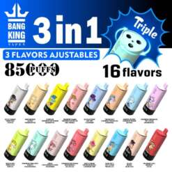 広告には、3-in-1 の調整可能なフレーバーを特徴とする Bang King Vapes が表示されています。16 種類のオプションがあり、最大 8,500 回の吸引が可能で、さまざまな色の Vape ユニットに漫画をテーマにしたデザインが施されています。