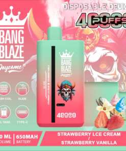 Promotional image of a 'Bang Blaze Joycome' disposable vape device with a strawberry vanilla flavor, gradient pink-to-green body, and features like 4000 puffs, 40 ml liquid capacity, and a 650mAh battery, displayed with ingredient imagery and a skull design.
