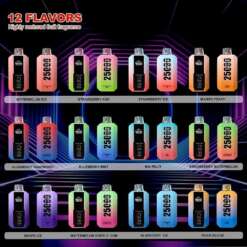 Bang 25000 En skärm som visar tolv färgglada vape-enheter, var och en märkt med ett unikt fruktsmaksatt alternativ, såsom vattenmelonis och mangopersika, arrangerade mot en livfull bakgrund.