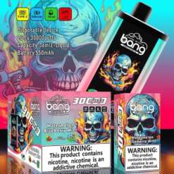 Bang 30000 PRO 使い捨て vape デバイスのプロモーション パッケージ イメージ。頭蓋骨のデザインと、スイカ ブルーベリー ミントのフレーバーが強調表示され、ニコチン含有量に関する健康上の警告が添えられています。