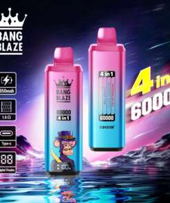 Two colorful e-vaporizers labeled 'Bang Blaze 4 in 1, 60000 puffs' against a futuristic neon landscape with product features listed, including 650mAh battery and Type-C charging.
