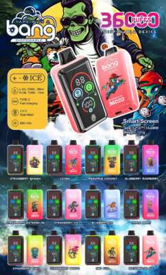 An advertisement for 'Bang Disposable' vape devices showcasing various flavors and product features, including a digital screen, charging specifications, and cartoon-style flavor imagery.