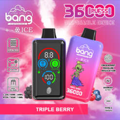 Advertentie waarin een wegwerp-vape-apparaat van Bang wordt getoond met 36000 Ice Level-trekjescapaciteit, een kleurrijk ontwerp met het label 'Triple Berry' en technische details, waaronder dubbele olietanks, drukregeling via vingerafdruk en opladen via USB Type-C.