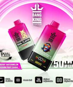 Promotional image for Bang King vapes, displaying two colorful vape devices with features including dual flavors (strawberry watermelon, kiwi passion fruit guava), 50,000 puffs, mesh coil, adjustable airflow, and a digital screen display.