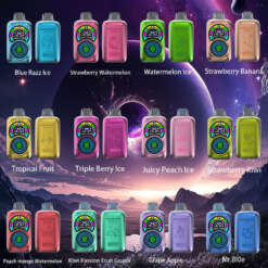 ブルーラズアイス、ストロベリーウォーターメロン、グレープアップルなどのフレーバーのラベルが付いたカラフルな電子タバコデバイスのコレクションが、宇宙をテーマにした背景に展示されています。