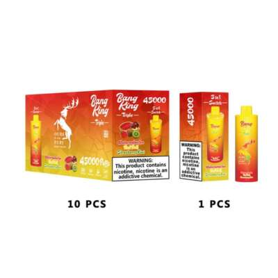 Packaging of Bang King disposable vape, showcasing flavors Watermelon Ice, Red Bull, and Strawberry Kiwi, with 45000 puffs; includes health warning regarding nicotine addiction.