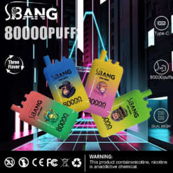 SBang Bang Leader 80000 製品のプロモーション画像。Type-C 充電やデュアル メッシュ コイル技術などの機能を備えた 80,000 パフの紫色の使い捨て電子タバコデバイス 2 つが示されており、コーラ アイス、ブルーベリー ラズベリー、ピーチ マンゴー ウォーターメロンの 3 つのフレーバーが強調表示され、注意を促すニコチン警告と認証アイコンも表示されています。SBang Bang Leader 80000 製品のプロモーション画像。Type-C 充電やデュアル メッシュ コイル技術などの機能を備えた 80,000 パフの紫色の使い捨て電子タバコデバイス 2 つが示されており、コーラ アイス、ブルーベリー ラズベリー、ピーチ マンゴー ウォーターメロンの 3 つのフレーバーが強調表示され、注意を促すニコチン警告と認証アイコンも表示されています。