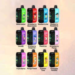 Ett sortiment av 12 färgglada e-vätskeflaskor märkta med olika smaker, inklusive vattenmelon, jordgubbsvattenmelon, blåbärsis och ananas-kokosnöt; bakgrunden har en mjuk tonad design.