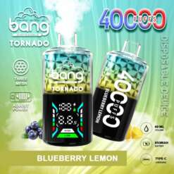 Bang Tornado 使い捨て電子タバコデバイスのプロモーション画像。40,000 回の吸引容量、ブルーベリーレモン風味、調整可能な電力設定、40 ml の液体容量、Type-C 充電対応の 850 mAh バッテリーが強調されています。