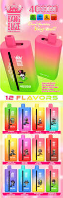 Advertisement for Bang Blaze disposable vape devices showcasing colorful designs, dual flavors, 40,000 puffs capacity, and available in 12 different flavor options.