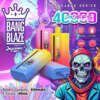 鮮やかで芸術的な背景に、Bang Blaze 40000 ブランドのカラフルな使い捨て Vape デバイスと、650 mAh のバッテリー容量、40 ml の E-Liquid などの技術仕様を表示するプロモーション グラフィック。
