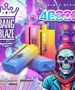 Promotional graphic displaying colorful disposable vape devices branded as Bang Blaze 40000 with technical specifications, including 650mAh battery capacity and 40mL e-liquid, showcased against a vibrant, artistic background.