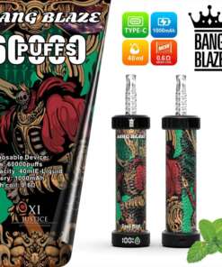 Promotional image for the Bang Blaze disposable vape device featuring a close-up of its design and specifications: 60,000 puffs, 40ml e-liquid capacity, 1000mAh battery, and 0.6Ω mesh coil. Passion fruit flavor is highlighted alongside decorative illustrations, emphasizing the product's artisanal aesthetic.