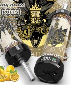 Promotional image for the Bang Blaze disposable vape device featuring a close-up of its design and specifications: 60,000 puffs, 40ml e-liquid capacity, 1000mAh battery, and 0.6Ω mesh coil. Passion fruit flavor is highlighted alongside decorative illustrations, emphasizing the product's artisanal aesthetic.