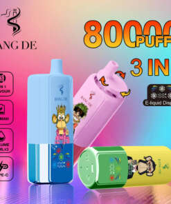 Promotional image for Bang De disposable vape device showcasing three colorful varieties, including features like 80,000 puffs, 3-in-1 flavor, and USB Type-C charging, with cartoon designs on the device casing.