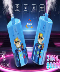 Promotional image showing two blue multifunctional vaping devices branded Bang De, decorated with illustrations of a cartoon monkey wearing a crown, with features like 3-in-1 flavor, 650mAh battery capacity, and a Type-C charging port highlighted.