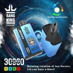 30,000 パフを備えた Bang King 30000 ブランドの vape デバイスを特集したプロモーション画像。抽象的な青い背景に回転するタバコホルダー機能を紹介し、2 つのフレーバーの回転機能を強調するテキストが付いています。