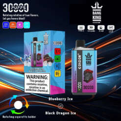Bang King Color ベイプ デバイスのプロモーション画像。ボックスとデバイス本体が表示されています。特徴としては、3,000 回の吸引、Type-C 充電、ブルーベリー アイスとブラック ドラゴン アイスの 2 種類のフレーバーのローテーション、目立つニコチン警告ラベルなどがあります。