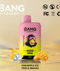 A Bang Leader vape device with a design featuring a colorful monkey wearing sunglasses, labeled with 45000 puffs and flavors Pineapple Ice and Triple Mango, surrounded by mango slices and ice cubes against a gradient background.