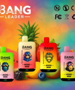 A vibrant display featuring Bang Leader disposable vapes in colorful designs showcasing different flavors with fruit illustrations and branding details on a multicolored background.