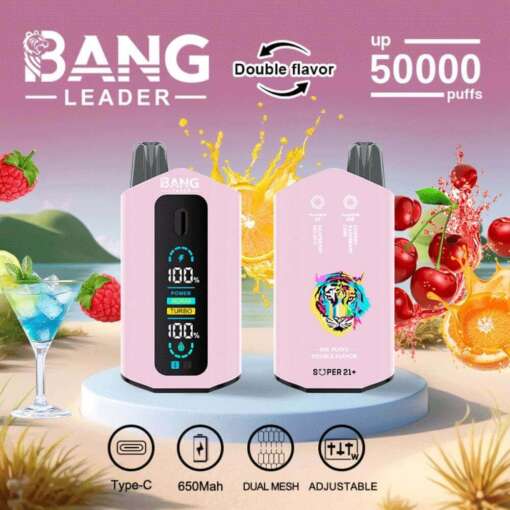 Bang Leader Electronic Vapeの広告。ピンク色の外装を持つ2つのデバイスを展示。ダブルフレーバーオプション、最大50,000回の吸引容量、650mAhバッテリー、デュアルメッシュシステム、そして調整可能な設定を備えています。背景にはカラフルなフルーツのビジュアルとトロピカルな雰囲気が描かれています。