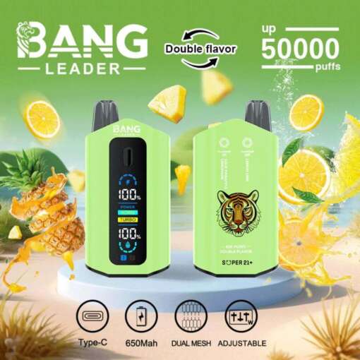 柑橘類とパイナップルのフルーツに囲まれた、デュアルフレーバー設定、650mAh バッテリー、調整可能な機能、最大 50,000 パフを備えた緑色の Vape デバイスを紹介するプロモーション画像。
