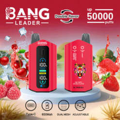 Bang Leaderの電子タバコデバイス広告。赤いデザイン、デュアルフレーバー機能、5万回の吸引容量、Type-C充電ポートを特徴としています。背景にはフレーバーを象徴するフルーツの画像が含まれています。