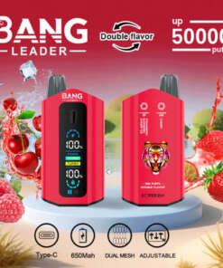 A vaping device advertisement for Bang Leader featuring a red design, dual flavor function, 50,000 puff capacity, and Type-C charging port. Background includes fruit imagery symbolizing flavors.
