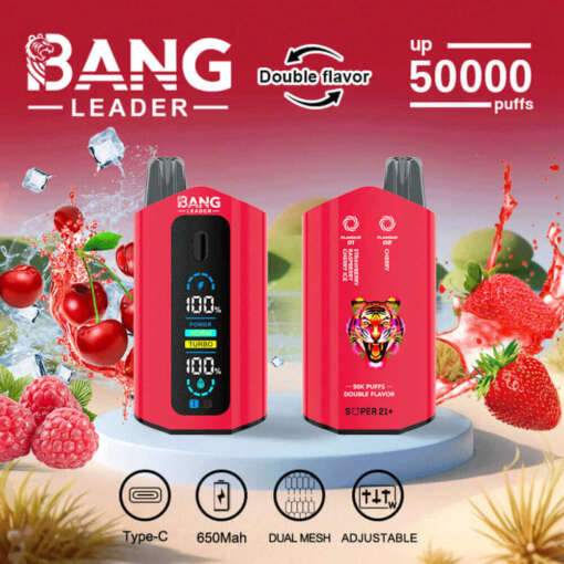 Bang Leaderの電子タバコデバイス広告。赤いデザイン、デュアルフレーバー機能、5万回の吸引容量、Type-C充電ポートを特徴としています。背景にはフレーバーを象徴するフルーツの画像が含まれています。
