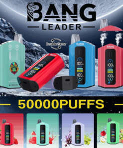 Advertisement for Bang Leader 50000 vape products featuring a variety of colorful vape devices, emphasizing 50000 puffs, double flavor options, and adjustable wattage.
