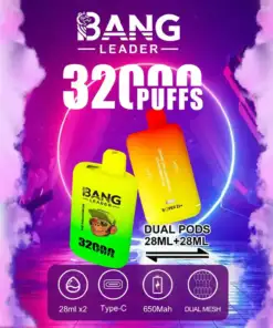 Bang Leader 32000 in vibrant fruit flavors displayed against a colorful gradient backdrop with a pineapple and mixed fruits in the background.
