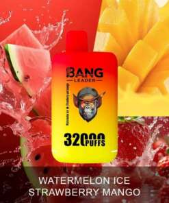 Promotional image for a Bang Leader vape product featuring a watermelon ice and strawberry mango flavor, surrounded by visually styled fruit graphics and a vibrant red-yellow color scheme.
