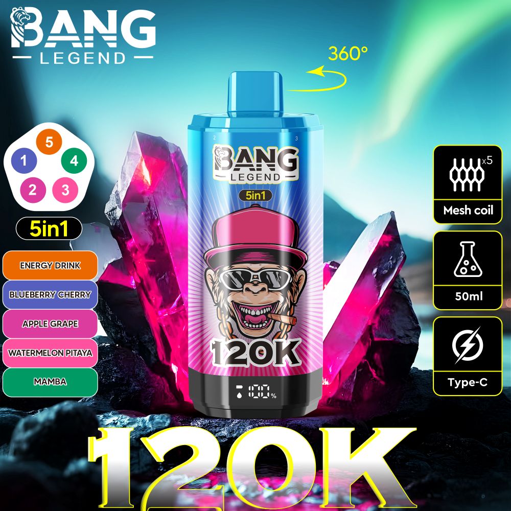 Una imagen de marketing con un dispositivo de vape 5-en-1 Bang Legend con 120k bocanadas, establecida en un fondo de cristales brillantes y un cielo de Aurora, que destaca las características del producto como la bobina de malla, la capacidad de 50 ml, la carga tipo C y las cinco opciones de sabor.